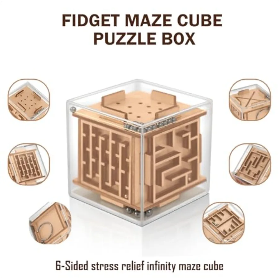 Fidget Puzzle Cube for and Adults 6Sided Wooden Puzzle Game Fidget Toy for Anxiety Relief Handheld Maze Cube for Travel 3D Brai