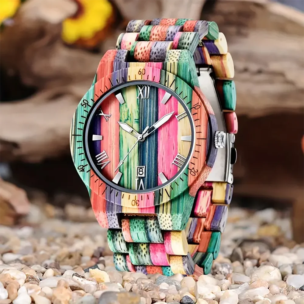 Reloj de cuarzo con esfera cuadrada para hombre, cronógrafo de madera de bambú colorido, pulsera Natural, Vintage, los mejores regalos de cumpleaños