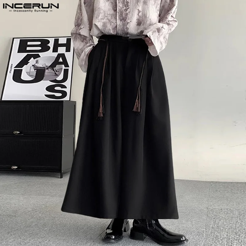 INCERUN 2024 Korean Style Trousers New Men's Wide Leg Loose Long Pants Casual Streetwear Male Drawstring Design Pantalons S-5XL