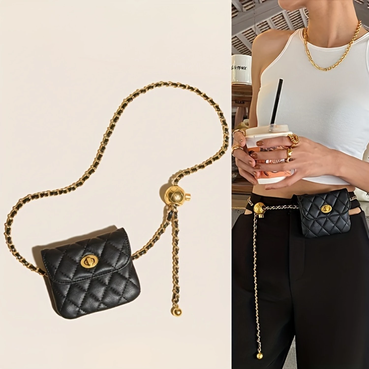 

Mini Quilted Luxury Metal Chain Bag - Fashionable Crossbody, Waist & Shoulder Purse - Versatile PU Leather Bum Bag for Everyday