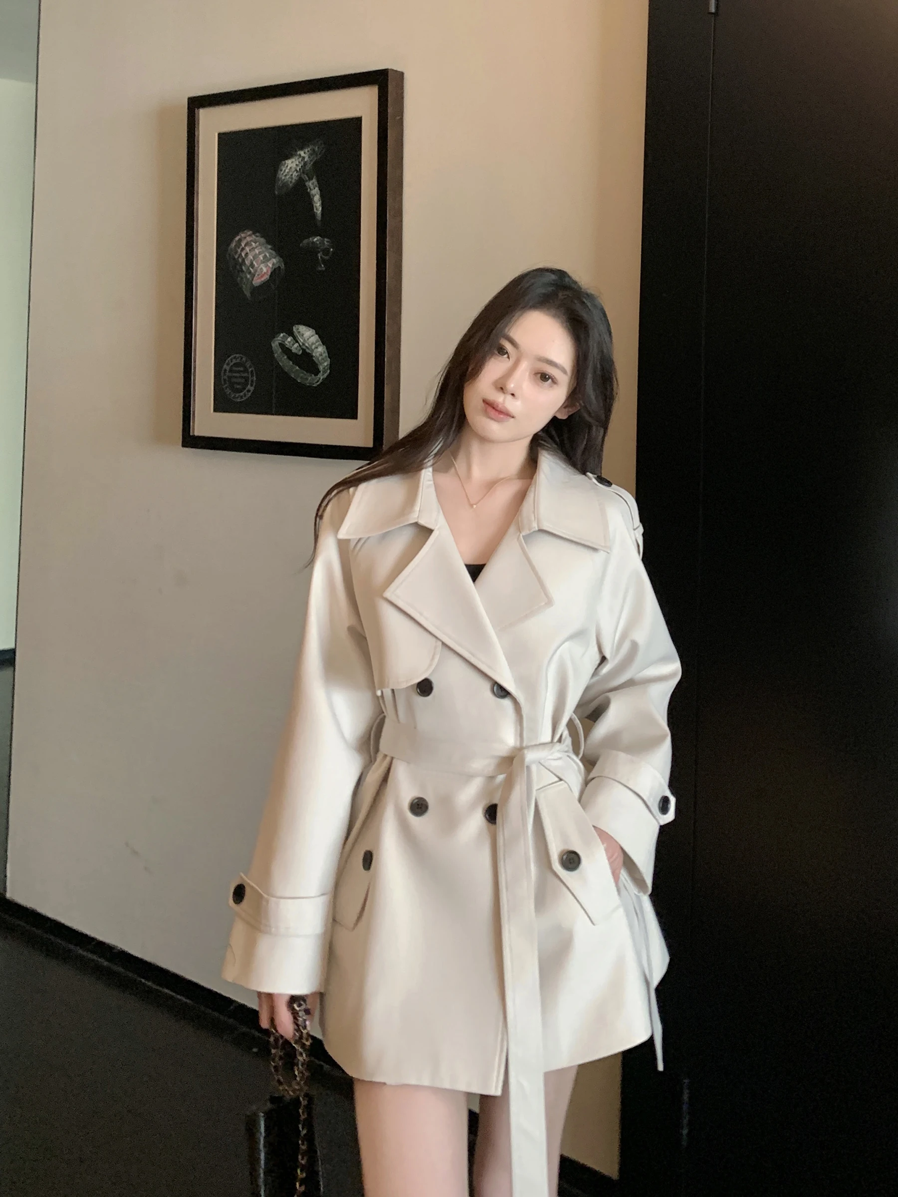 

Buou Korean Sle Double Row Button Beige ort Coat Women's Waist Cinching Slimming Small Size Spring Autumn Outerwear