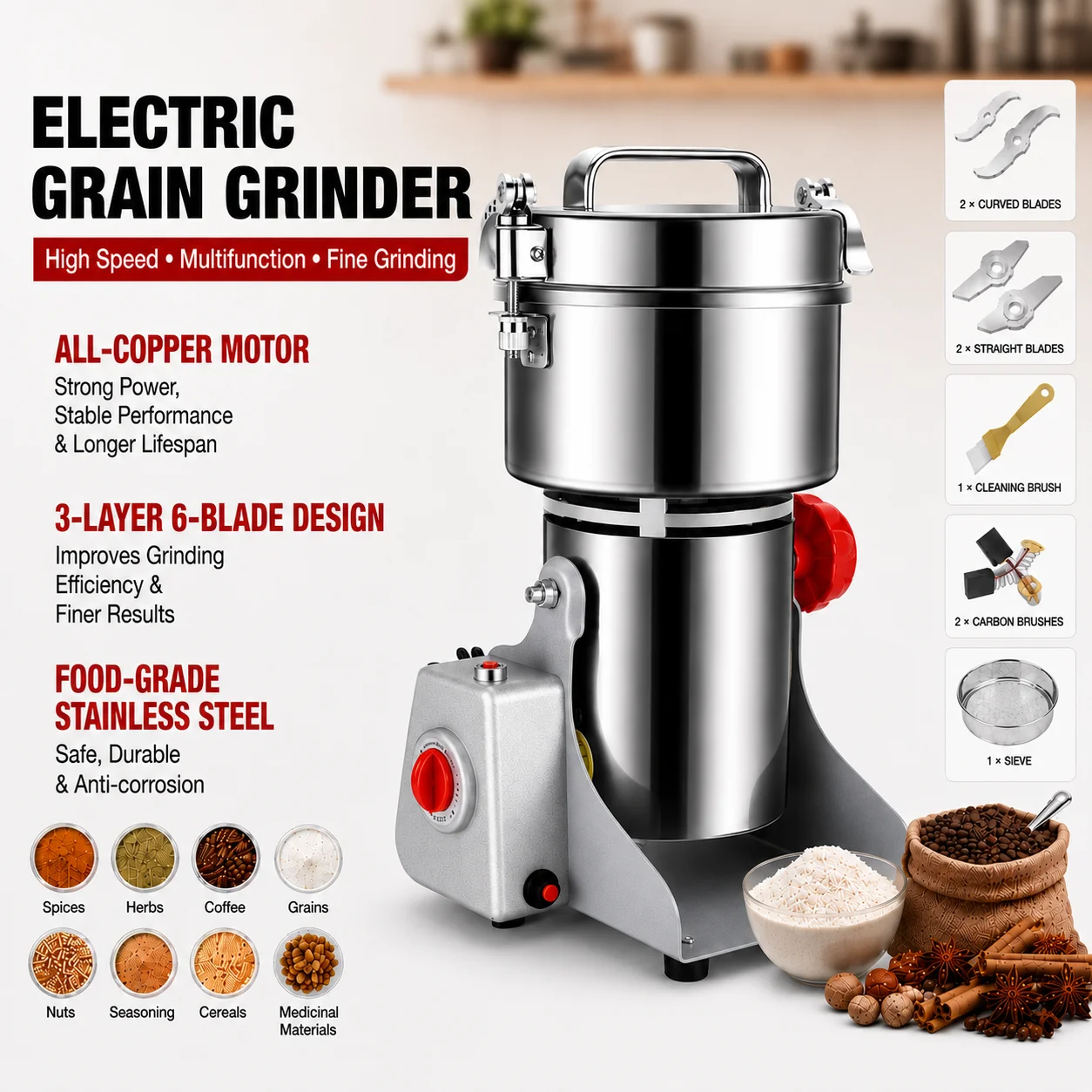 Elektrische Getreidemühle, Edelstahl-Pulverisierer, Pulvermaschine für trockene Kräuter, Körner, Gewürze, Getreide, Kaffee, Mais, 800 g
