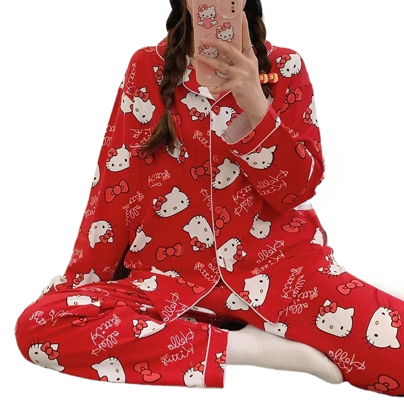 Kawaii Sanrios Hello Kitty Autumn Pajamas Suit Girls Soft Winter Cardigan Long Sleeve Pants Casual Women Homewear Sleepwear Gift