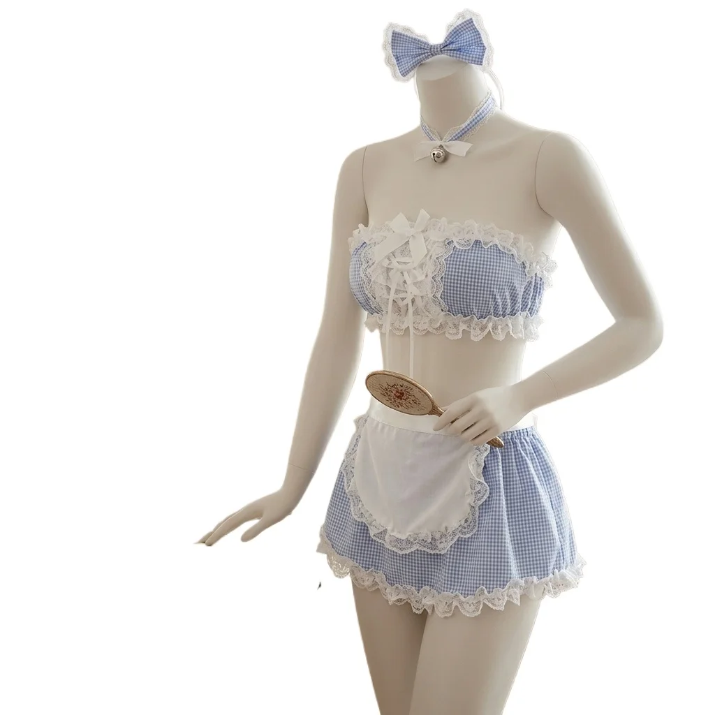 Maid Lingerie Set with Blue Gingham and Lace Trim, Kawaii Anime Cosplay Costume with Headband and Choker