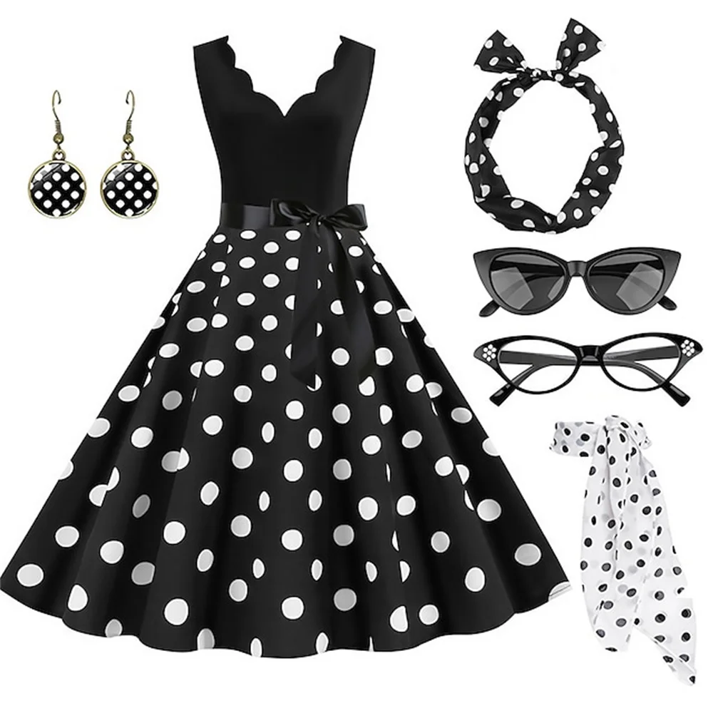 Women's Rockabilly Dress Polka Dots Swing Flare Dress with Accessories Set Earrings Necklace Headband Glasses Gloves Dress