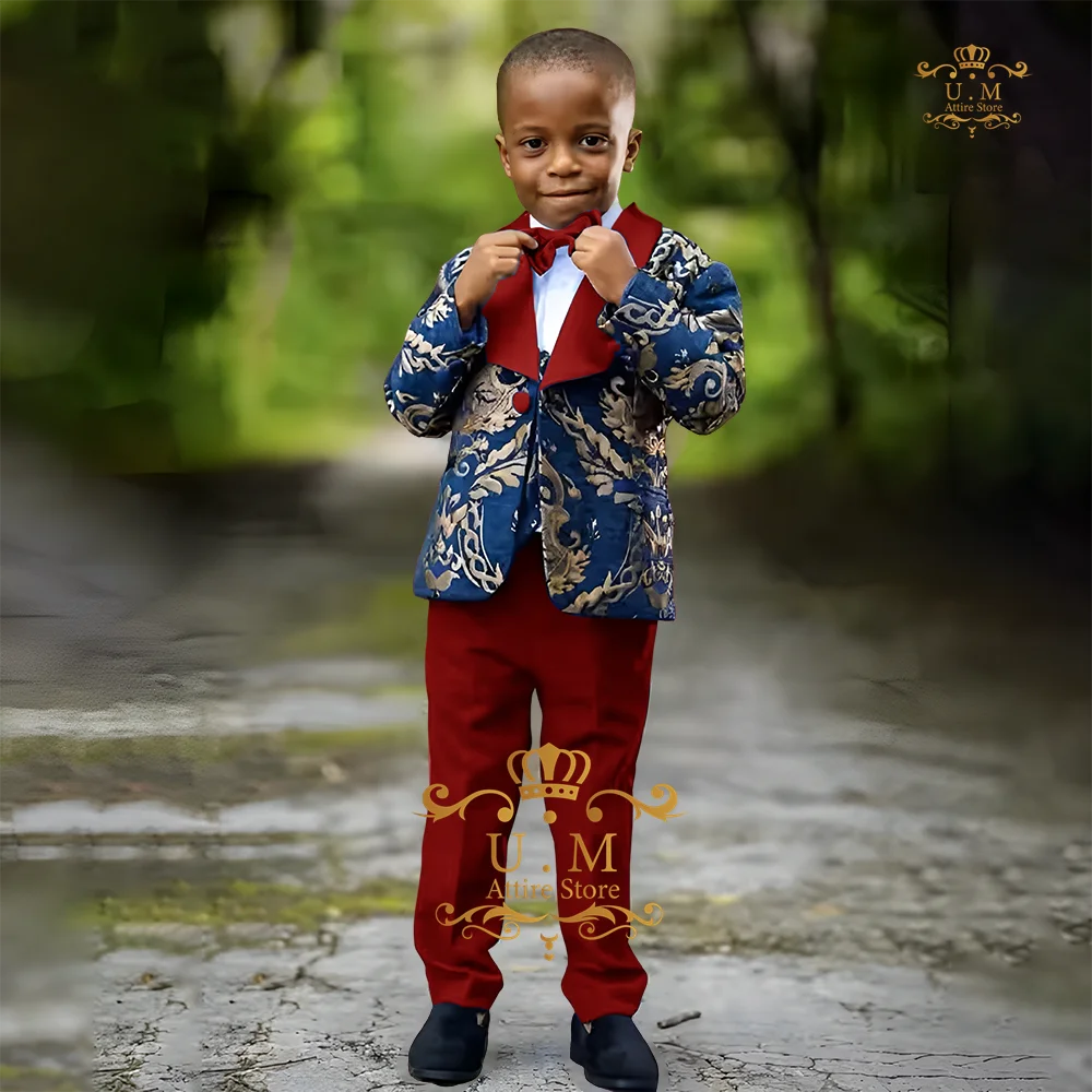 Smoking 3 pièces pour enfants, veste, gilet, pantalon, bleu royal, jacquard, châle, blazer à revers, costume personnalisé pour garçons, mariage, danse, fête d'anniversaire