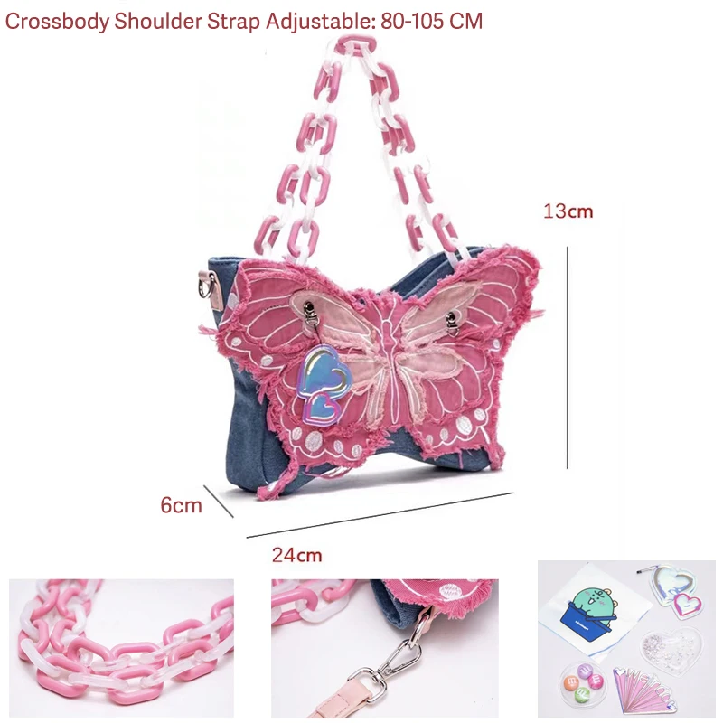 Original Handbag Denim Butterfly Contrast Color Design Shoulder Bag Women Armpit Bag Irregular Acrylic Chain Girls Crossbody Bag