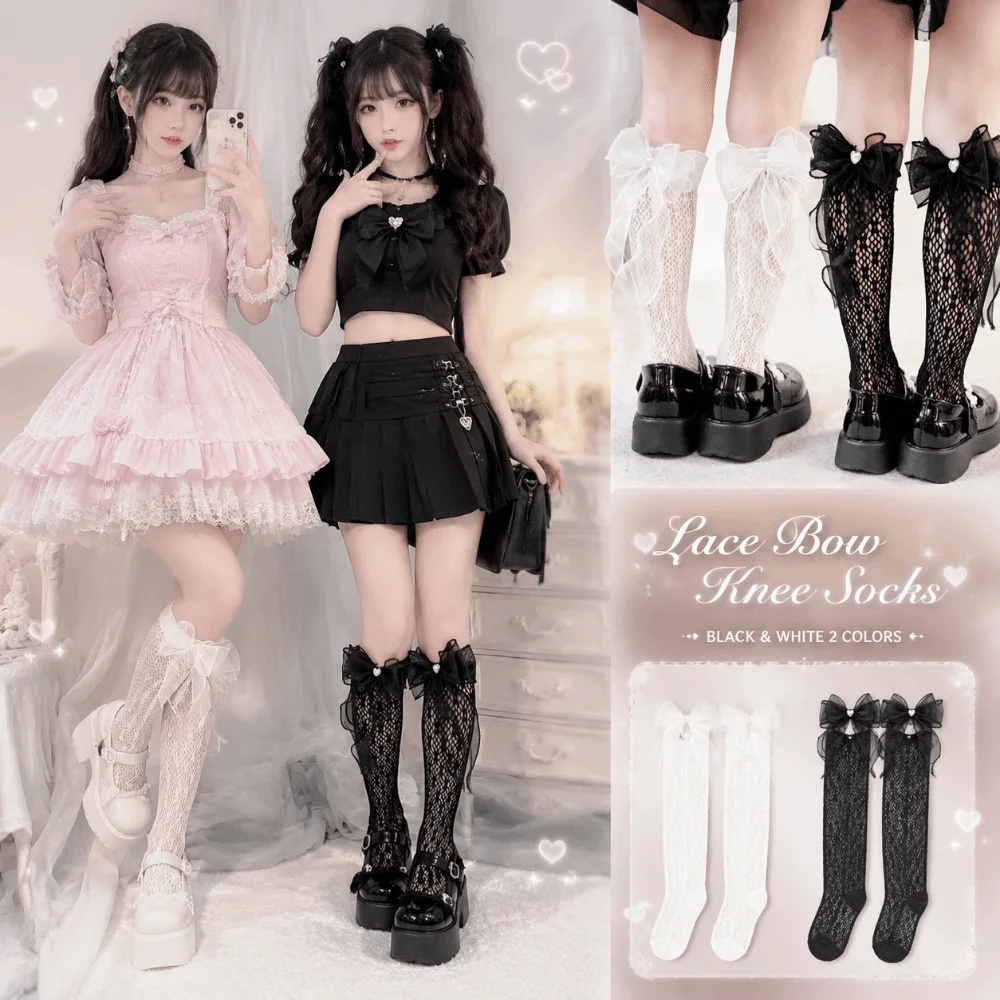 

Sweet Lace Trim Knee High Socks Ruffle Mesh Princess Lolita Stockings Bowknot Thin JK Fishnet Stockings Apparel