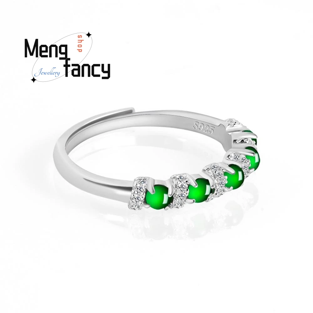 S925 Silver Inlaid Natural A goods Jadeite Yang Green Ice Jade Ring Couple Fashion Luxury Quality Jewelry Exquisite Holiday Gift