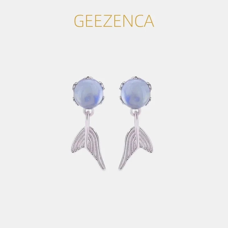 

GEEZENCA Blue Round Aquamarine 925 Sterling Silver Cute Fishtail Charm Drop Earrings Women Dainty Lightweight Earring Party Gift