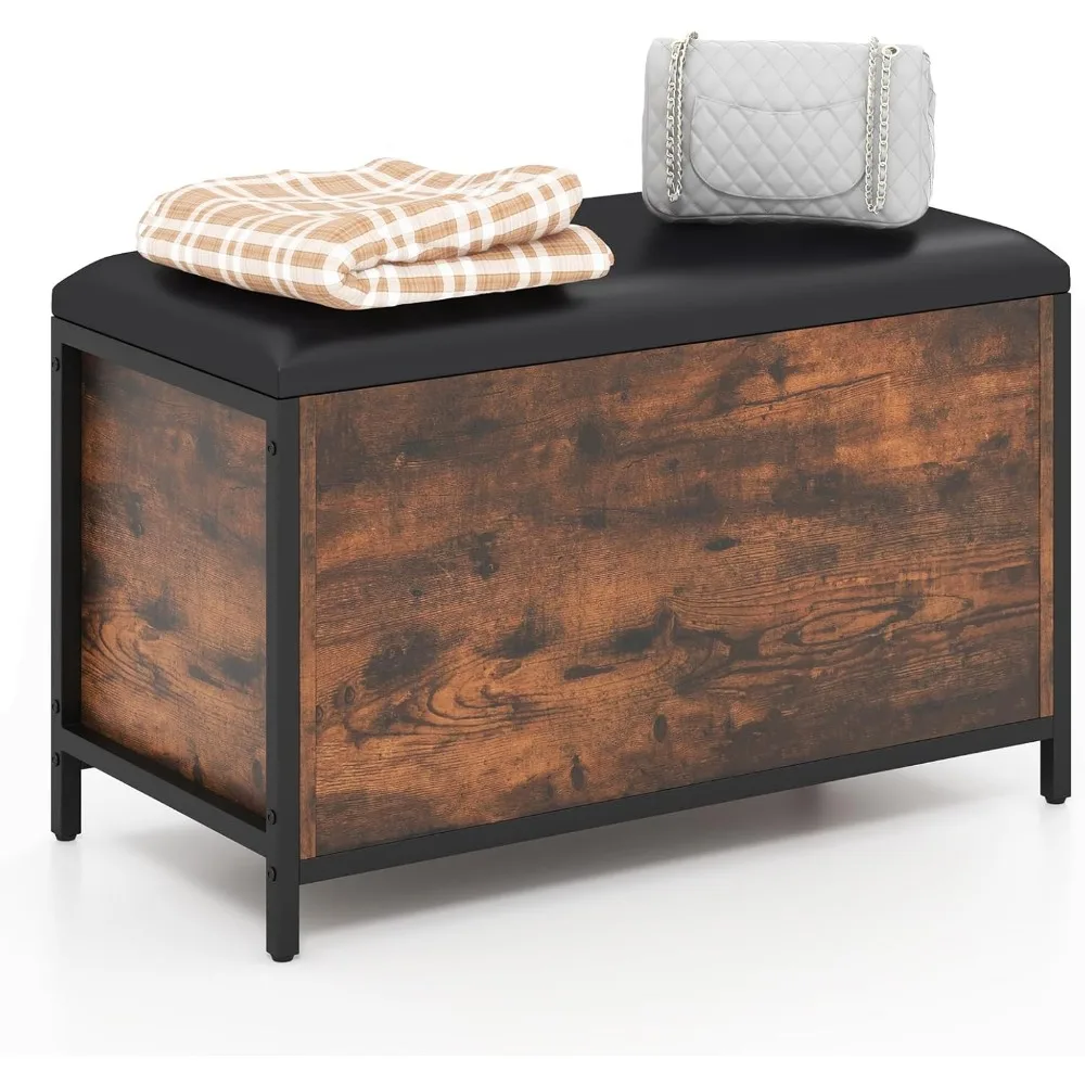 

Entryway Bench with Storage, Industrial Style Storage Chest with Padded Seat, End of Bed Storage Bench for Bedroom, Living Room