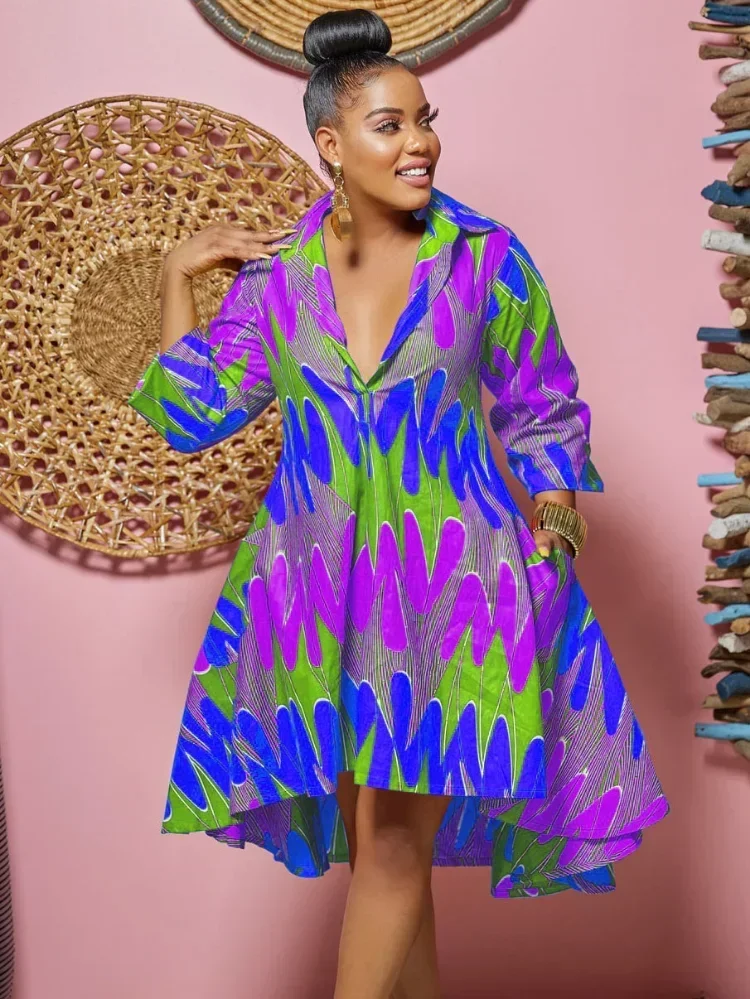 

GUWU Fashion Wave Geometric Printed Long Sleeve Lapel Collar A-line Women Dress for Autumn Winter Casual Streetwear Vestidos