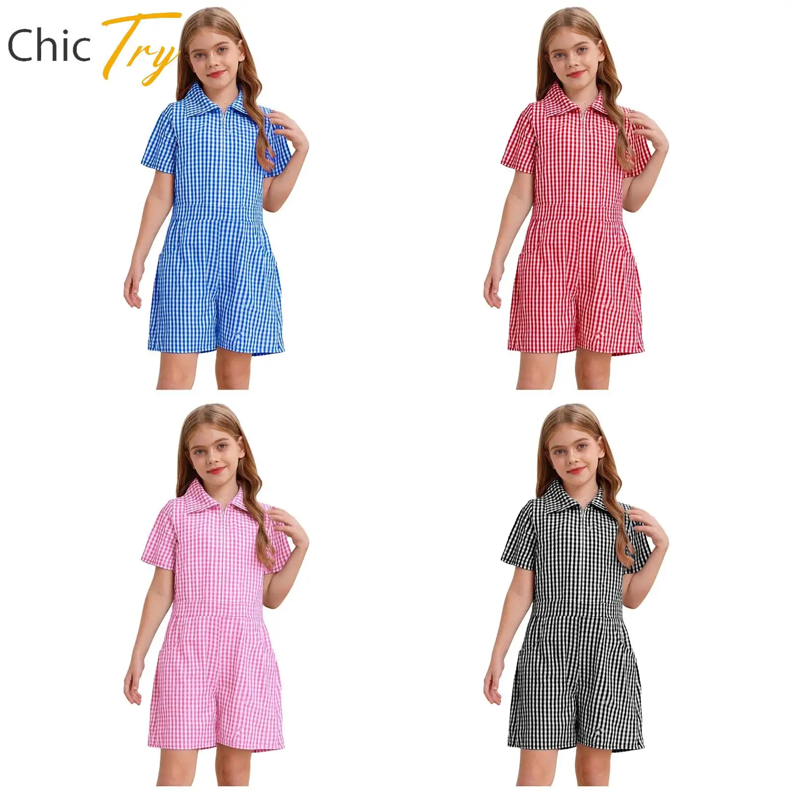 

Stylish New School Uniform Casual Playsuit for Kids Girls Plaid Short Sleeve Jumpsuit with Pockets Vocation Birthday Daily Wear