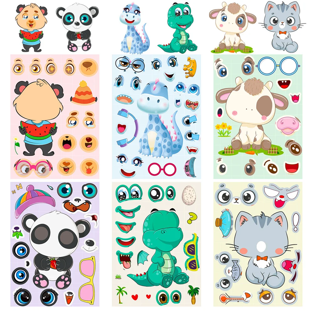 

18 Animal Face Stickers Cartoon Cute Animals Dinosaur Panda Cat Kids DIY Stickers Scrapbooking Supplies Kids Party Craft Supplie