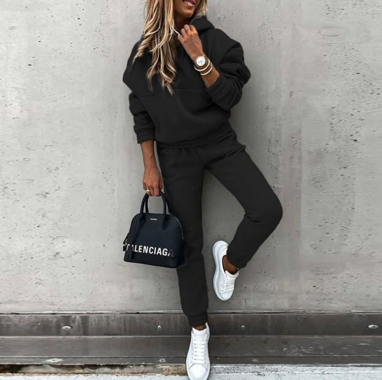 Winter-Trainingsanzug für Damen, zweiteiliges Set – übergroßer Kapuzen-Jogginghose, einfarbiger Sportanzug | Lässiges Sweatshirt-Hosen-Set – Detail 2