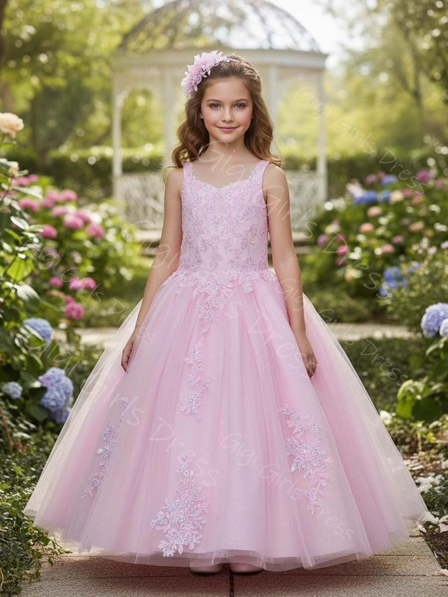 الوردي بنات فستان الأميرة الأشرطة الكاحل طول زهرة فتاة فستان مطرز زين تول مخصص فستان حفلة بالتواصل #1