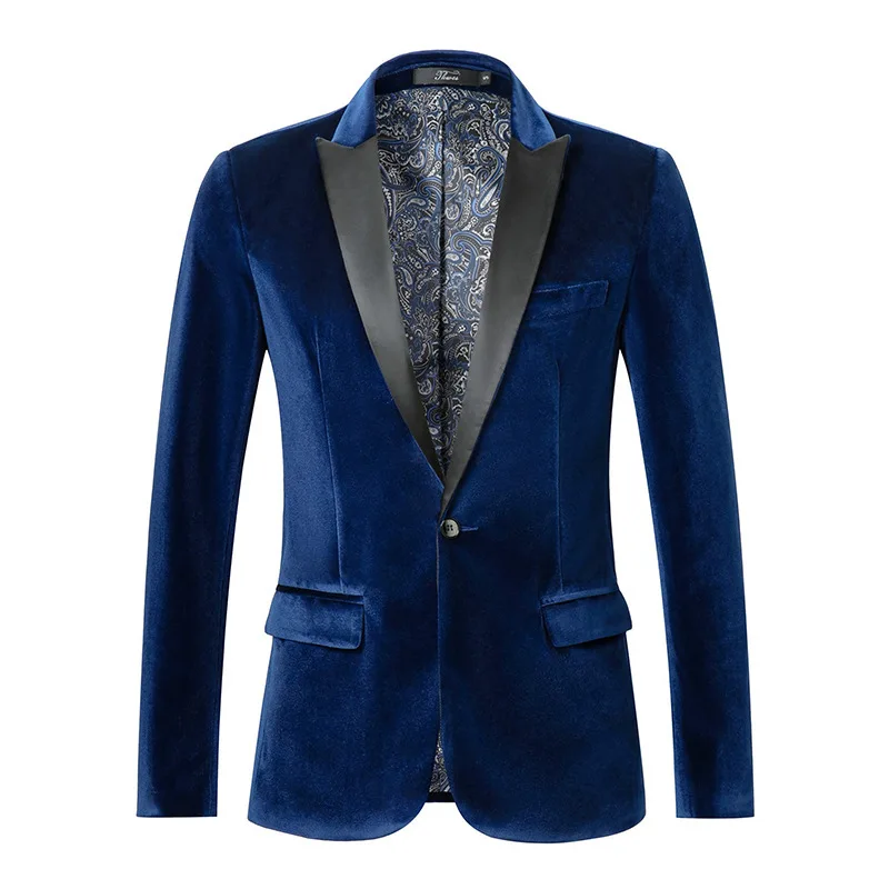 

Men's Velvet Blazer Blue Single Breasted Suit Jacket Contrast Lapel Paisley Lining Formal Party Wedding Prom Slim Fit Blazers