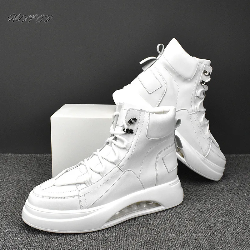 High Top Sneakers Casual Men Fashion Microfiber Leather Upper Increased Internal Platform Board Shoes Air Cushion White Shoes