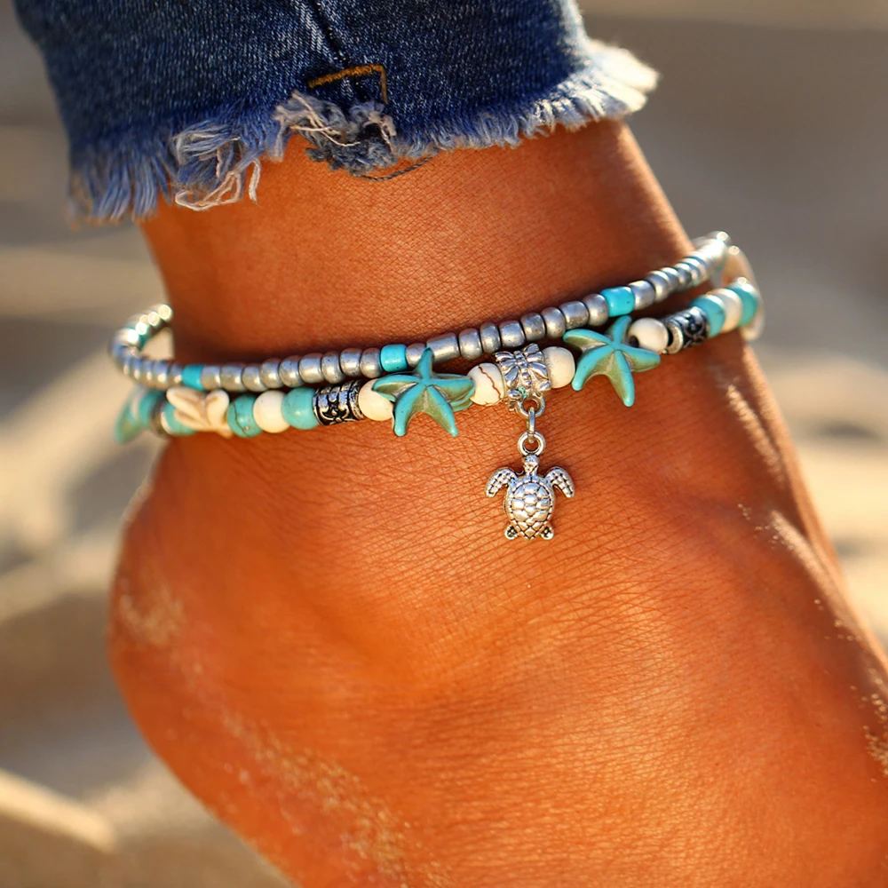 Bohemia Sea Turtle Beaded Anklets for Women Girls Vintage Layered Starfish Shell Adjustable Ankle Bracelet on Foot Beach Jewelry