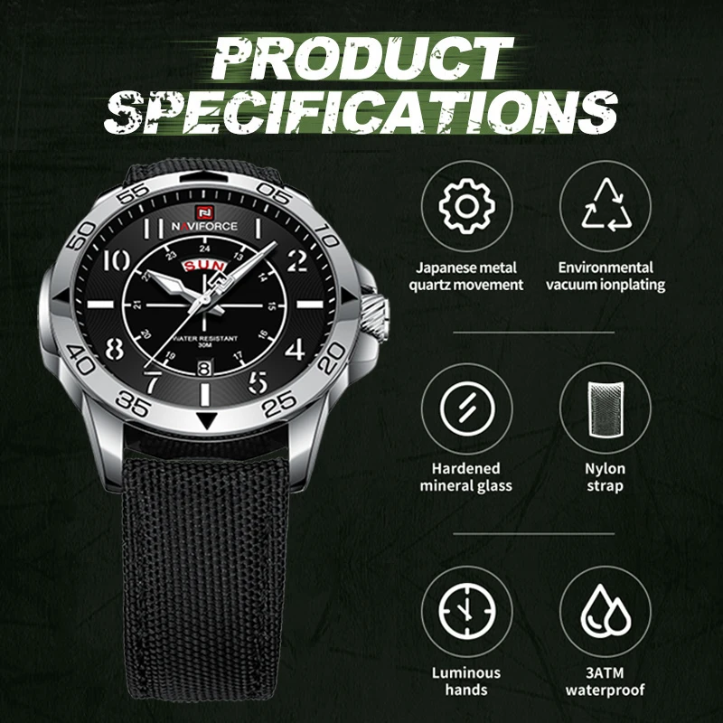 NAVIFORCE Casual Wild Water Resistant Men Wristwatch Nylon Strap Quartz Man Clock with Day and Date Display Windows Male Watches