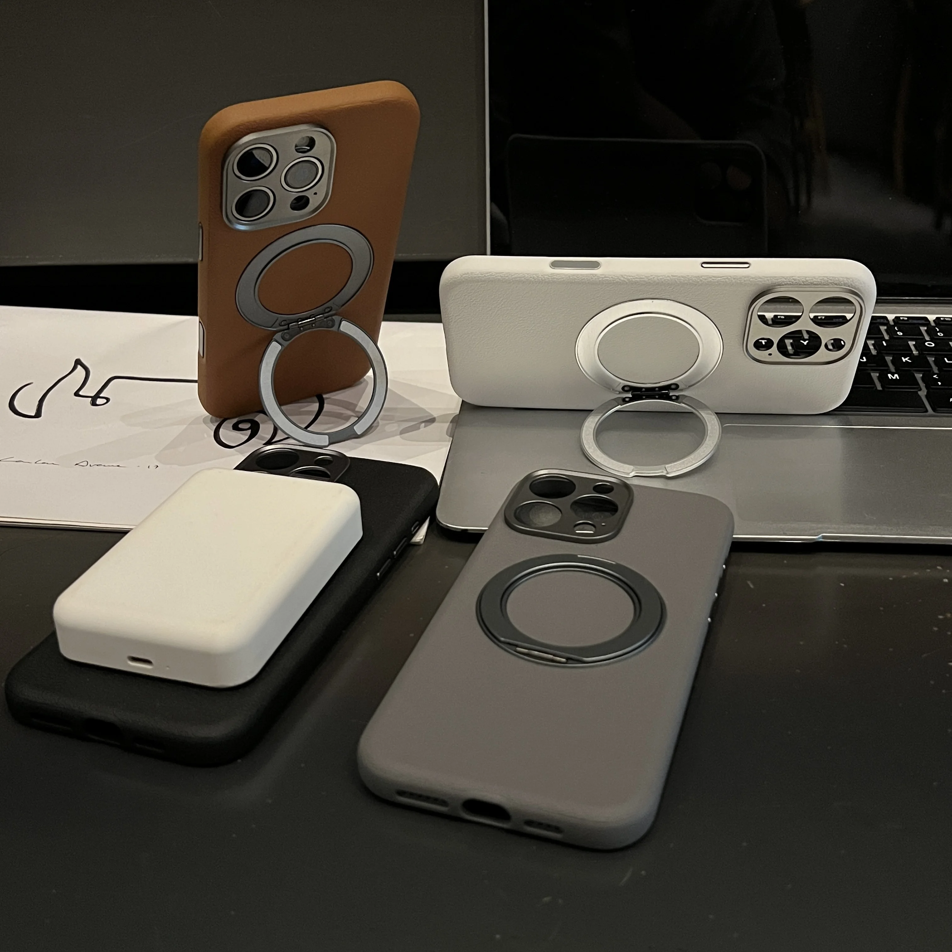 

Premium Phone Case For iPhone 16 Pro Max Strong Magnetic Cover 360 Rotation Stand Vegan Leather With Camera Shutter Button