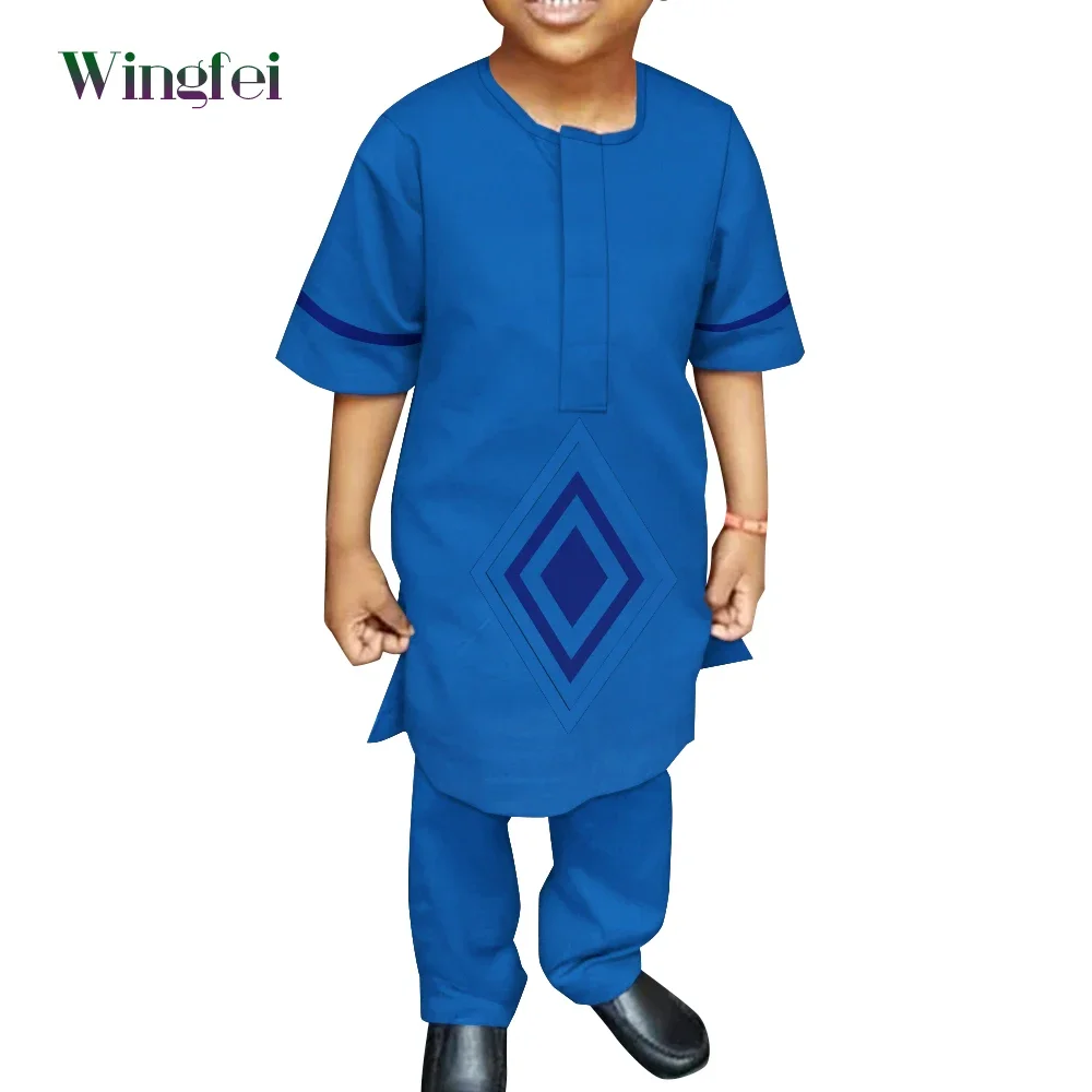 Bazin Riche Summer African Boy Clothes 2 Piece Sets Dashiki Shirt Set Nigerian Robe Suits Traditional Clothes Boy Attire WYT692