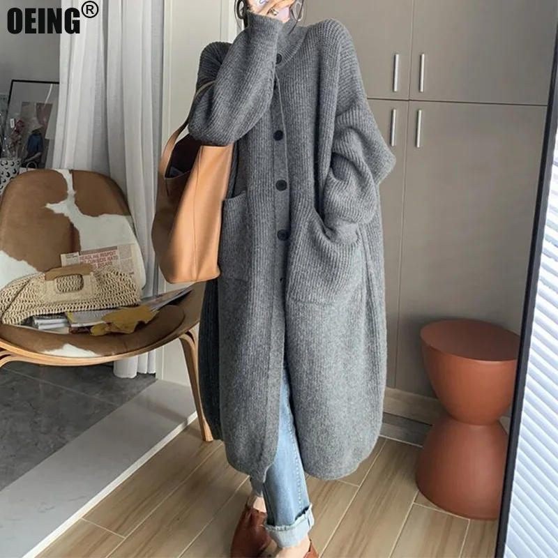 Vintage Thicken Warm Solid Winter Sweater Coat Loose Long Cardigan Women Korean Style Jacket Casual Knit Cardigans for Women