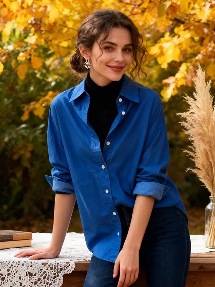 

Blue Long Sve Casual irt Women's Faion Brand Buttoned Collar Autumn Winter Commute Versatile Top Quali Straight Cut