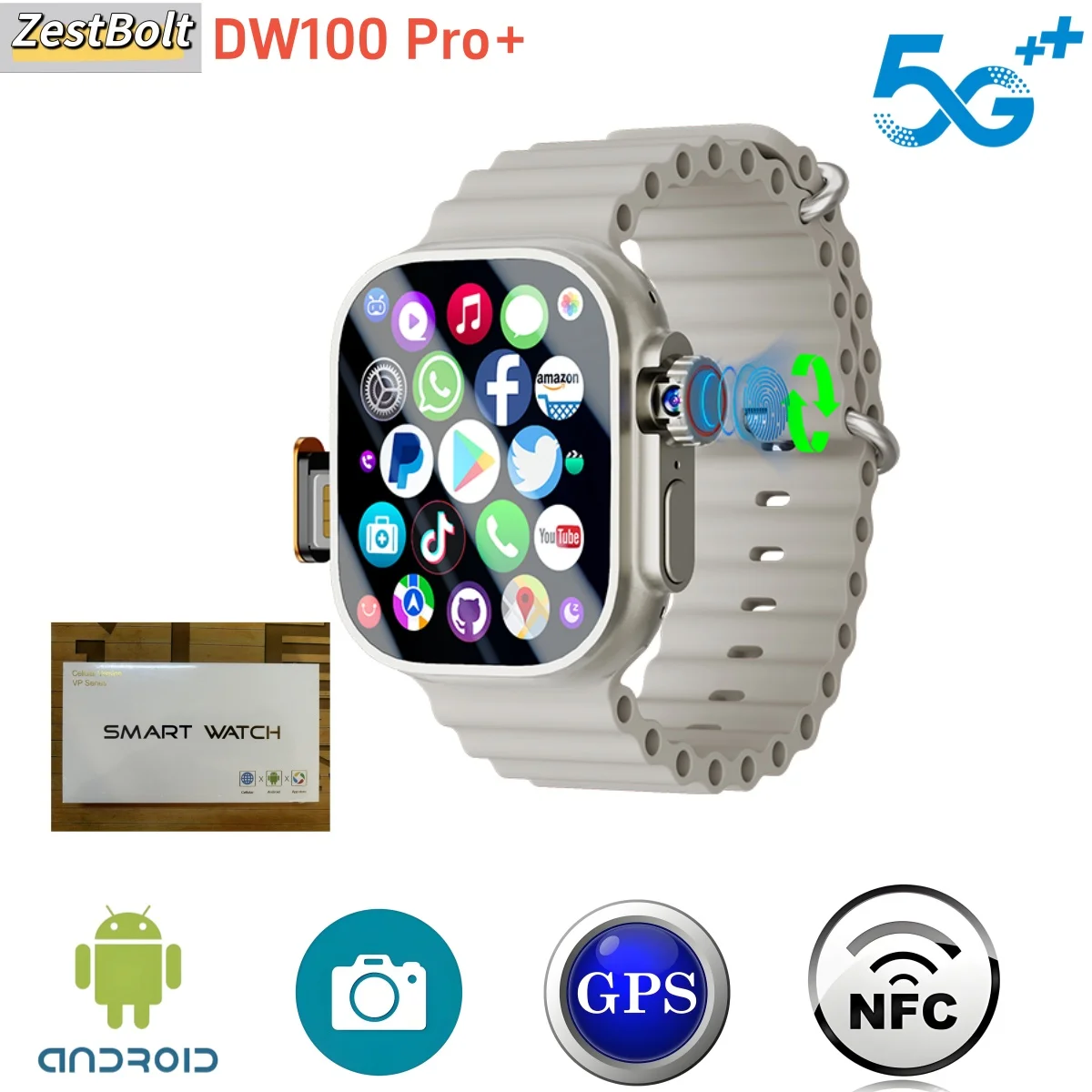 

DW100 Pro+ Smartwatch 2.29inch AMOLED Display Touch ID 800W Rotating Camera Fingerprint Unlock with SIM Card Slot GPS WiFi