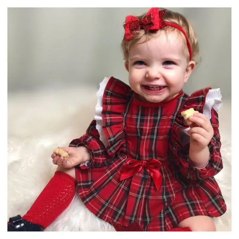 Newborn Baby Girl Christmas Clothes Plaid Lace Ruffle Long Sleeve Romper Dress Shorts Xmas Pageant Party Princess Outfit 0-24 M