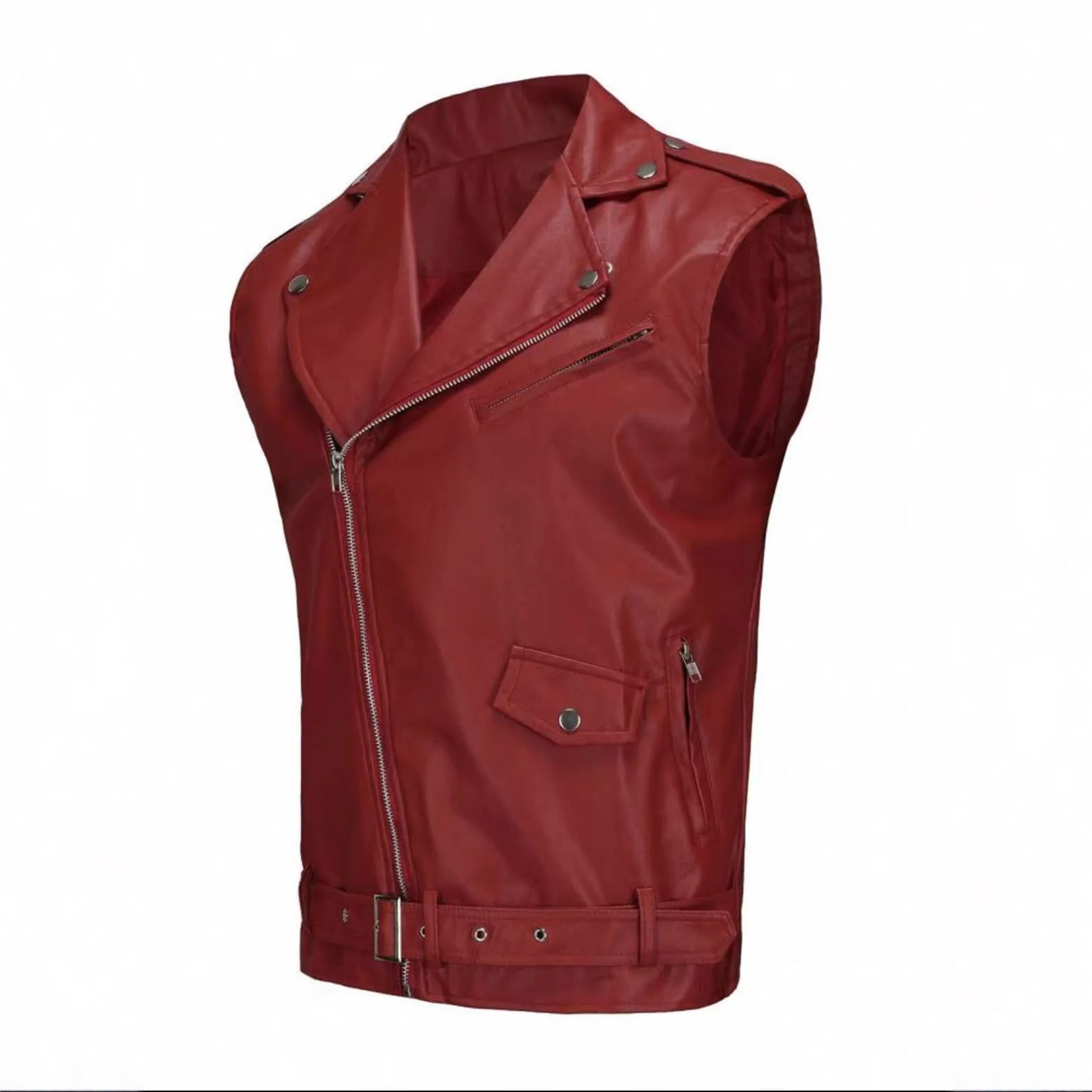 

2025 New Men Wine Red PU Leather Lapel Zipper Decoration Belt Motorcycle Style Sleeveless Vest Waistcoat