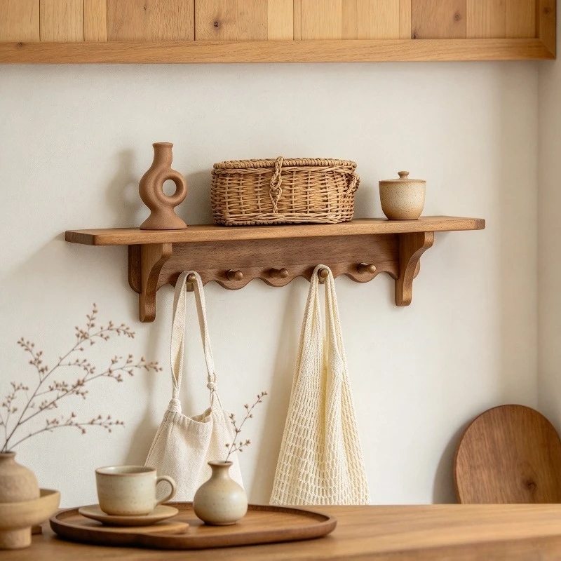 Retro Wooden Wall Rack Wavy Hooks Floating Shelf Coat Organizer Entryway Bedroom Living Room Home Decor Storage Display Set Plus