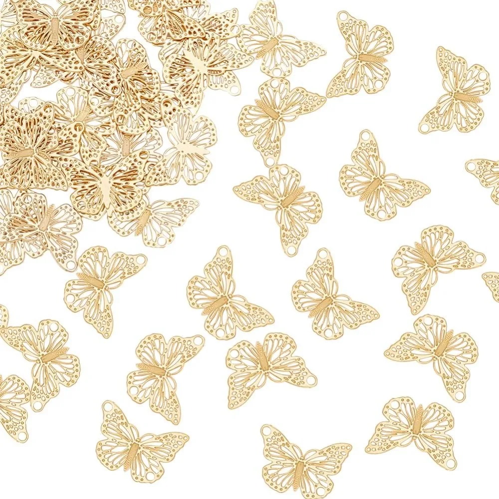 60Pcs Butterfly Filigree Charms 18K Gold Plated Charm Etched Metal Embellishments Stainless Steel Pendant for DIY Bracelet