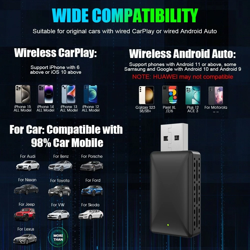 محول تشغيل لاسلكي 2 في 1 محول لاسلكي سلكي إلى توصيل وتشغيل محول CarPlay وAndroid Auto USB
