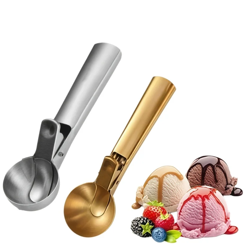 Stainless steel ice cream scoop with trigger for non-adhesive smooth scooping of frozen yogurt, fruit, melon balls, kitchen util