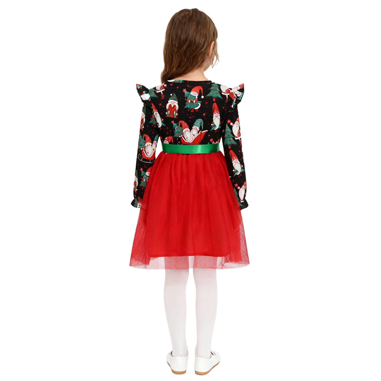 Toddler Girls Christmas Tutu Dress Long Sleeve Print Multi-Layered Tulle Princess Gown with Ribbon Belt for Xmas New Year Party