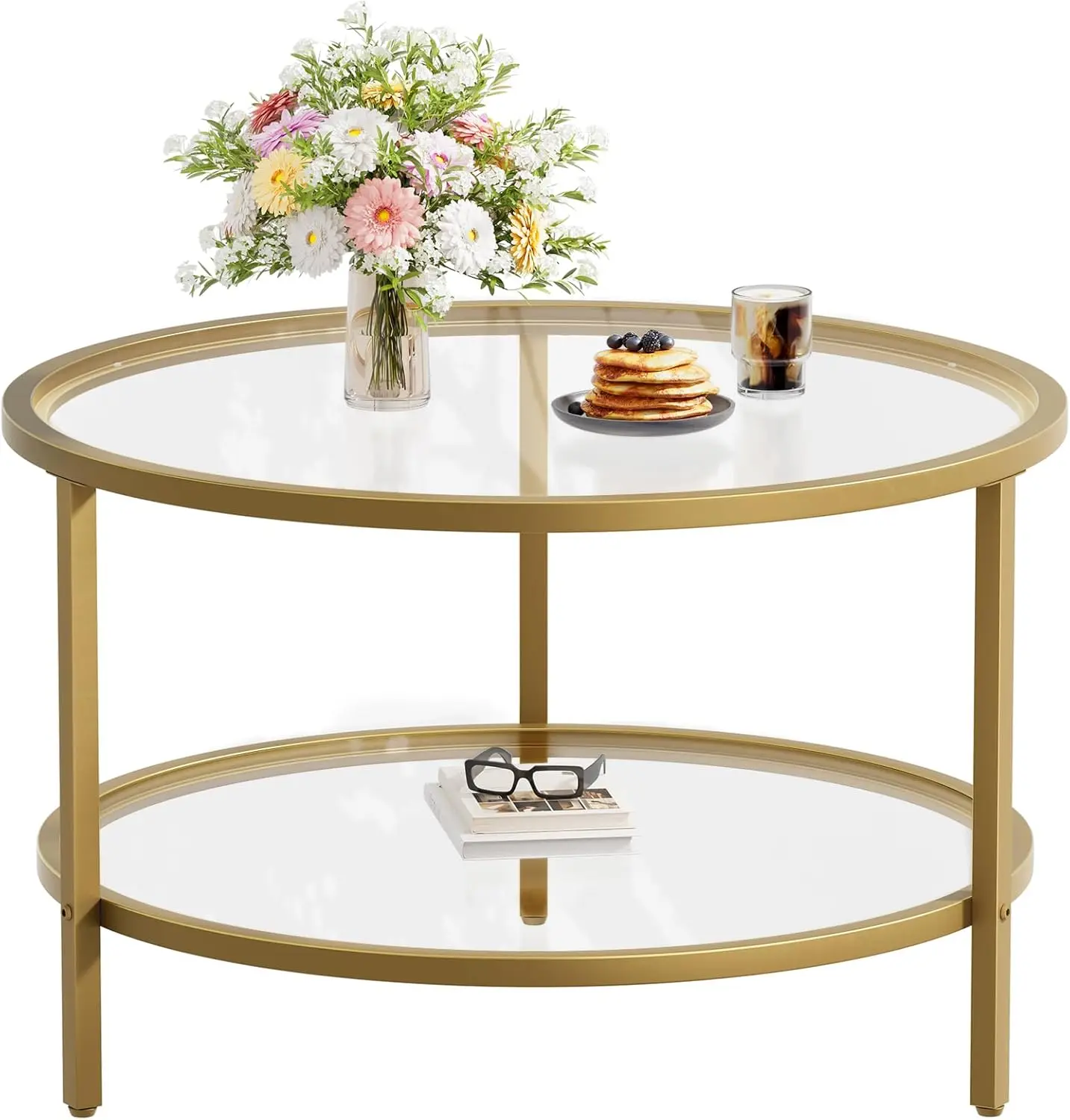 Modern Round Glass Coffee Table with Gold Frame and Storage Shelf for Living Room or Home Office, Easy Assembly