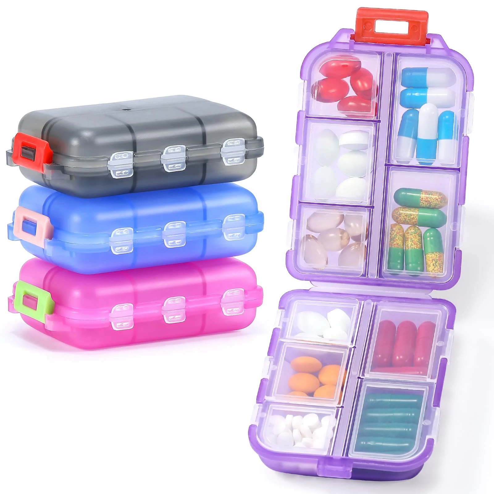 Travel Pill Organizer w Lables, Small 10 Grid Compartments Pocket Pharmacy, Handy Pill Holder Box - Portable Medicine Container