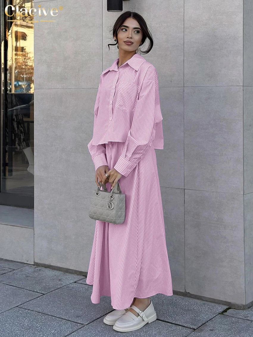 Clacive Fashion Pink Stripe 2 Piece Set Women Outfit Elegant Long Sleeve Shirt With High Waist Long Skirts Set Female Streetwear