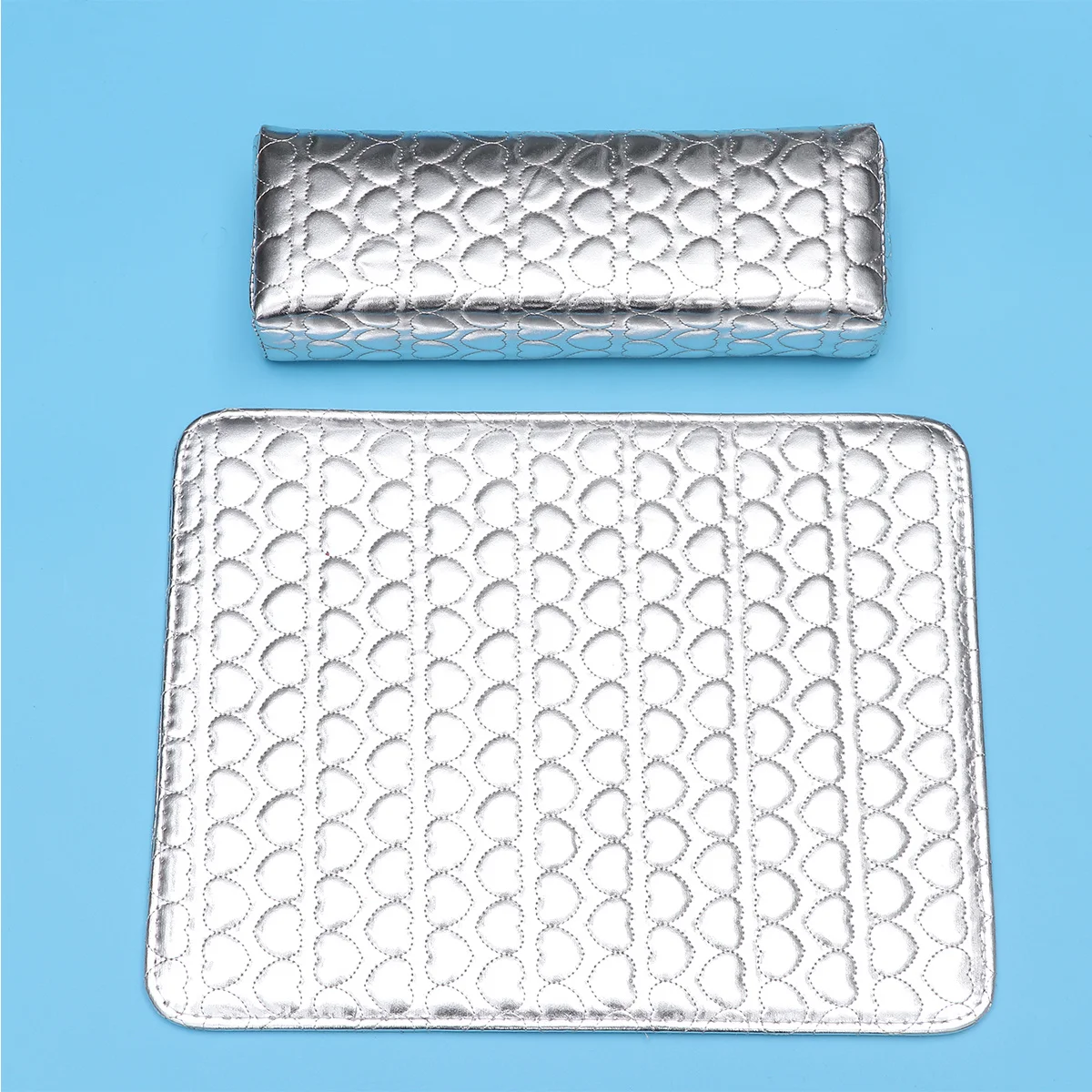 Set di cuscinetti per polso quadrati con motivo a cuore, poggiapolsi per manicure in PU, argento, adatto per principianti