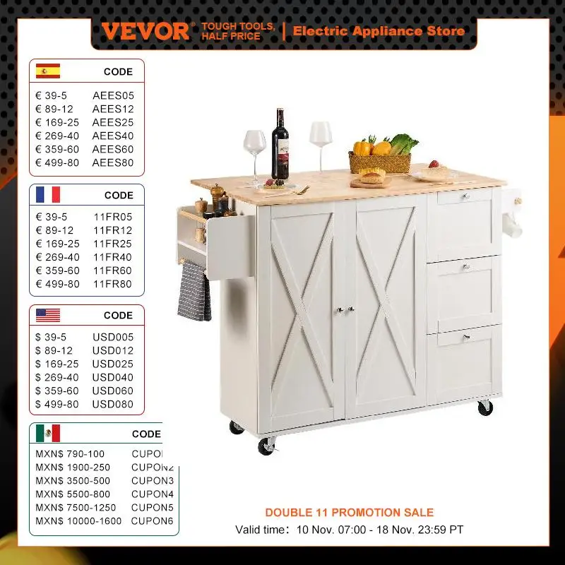 VEVOR 2-Door 1/2 3-Drawer White Mobile Kitchen Island Rubber Wood Desktop Rolling Kitchen Cart with Wheels for Home Bar Storage