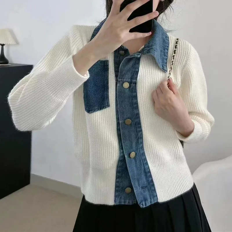 Knitted Sweater Cardigan For Women Autumn Winter Wear New Denim Splicing Design Sense Pocket Turn-down Collar Coat Fashion Top