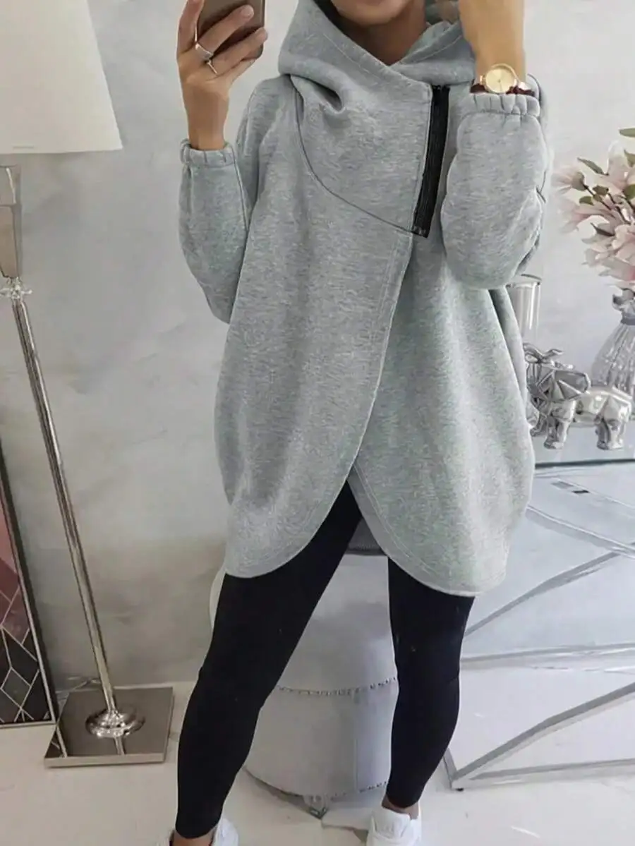 

Женская асимметричная толстовка с капюшоном на молнии и подолом в форме тюльпана, свободного кроя, однотонная серая