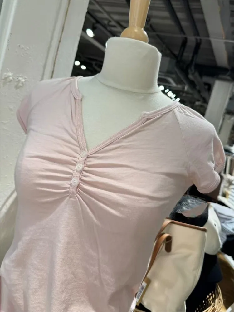 Sweet Pink V-neck Buttons Fold T-shirts Women Summer Casual Cotton Slim Short Sleeve Tee Simple Cute All-match Tshirt Y2K Tops