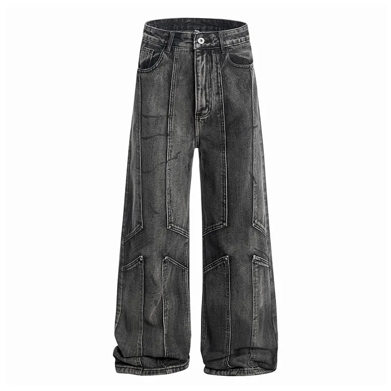 

Vintage Hi Street Casual Jeans Pants Washed Straight Loose Denim Trousers For Male Patchwork