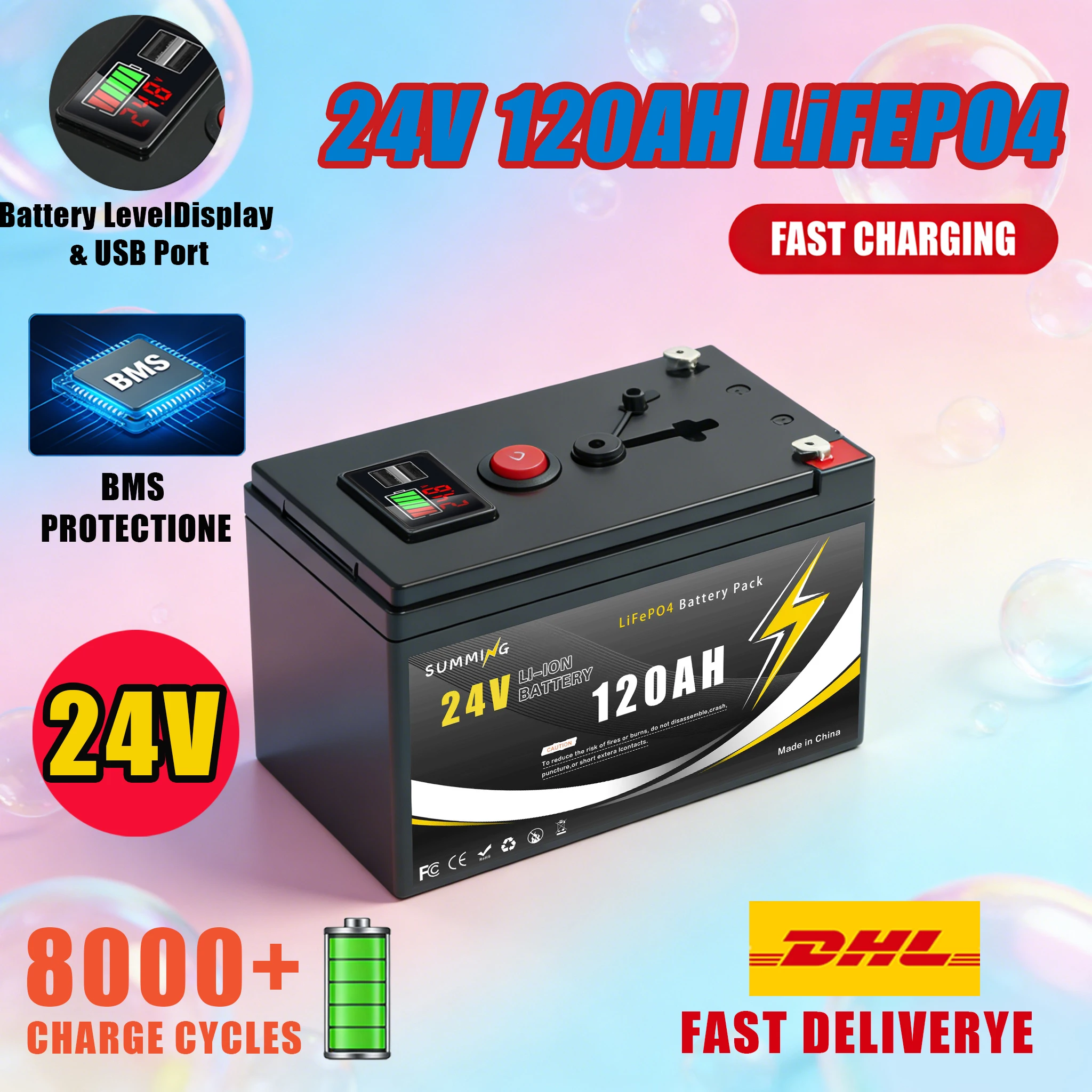 

120AH24V RechargeableBattery Lithium Iron Phosphate Batterywith BMS for UPS,Reliable RVOff-Grid, Marine&Solar Applications