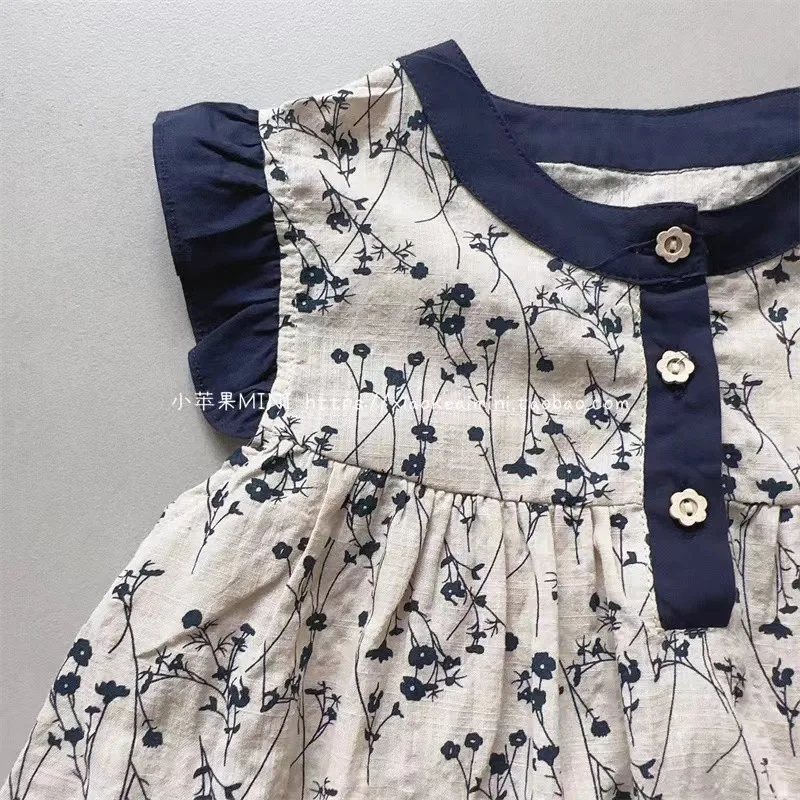 Children Girls Dress Summer Korean Style Retro Flower Print Baby Girls Clothes Princess Dress