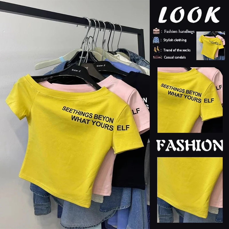 Sommer Neue Sle Slim Fit ort Sve T-shirt oulder Bared Brief Drucken Diagonal Kragen Koreanische Version Seide Material Frauen...