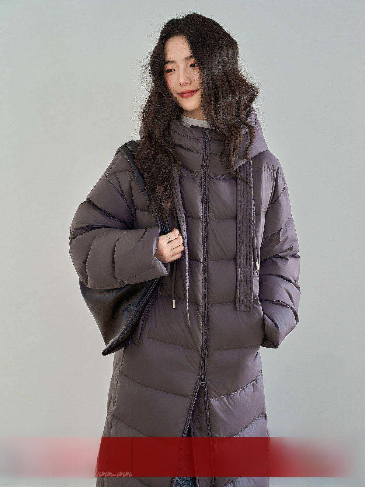 

MoZa Brown Double Zipper Long Thickened Women's down Jacket Duck Feather Hooded Coat Korean Style Commute Wind High-End Feeling