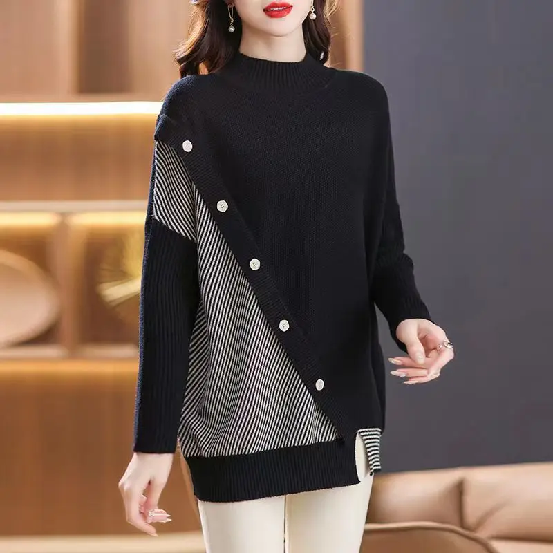 Fashion Spliced Button Striped Asymmetrical Sweaters Women\'s Clothing 2023 Autumn Winter Loose Casual Pullovers Irregular Tops